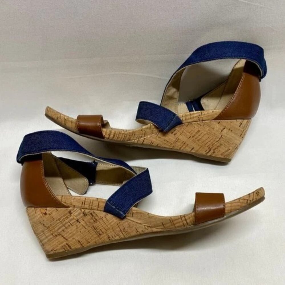 Anne Klein Sport Wedge Sandals Women's 7 1/2 M‎ Blue Criss Cross Strap Gold Logo